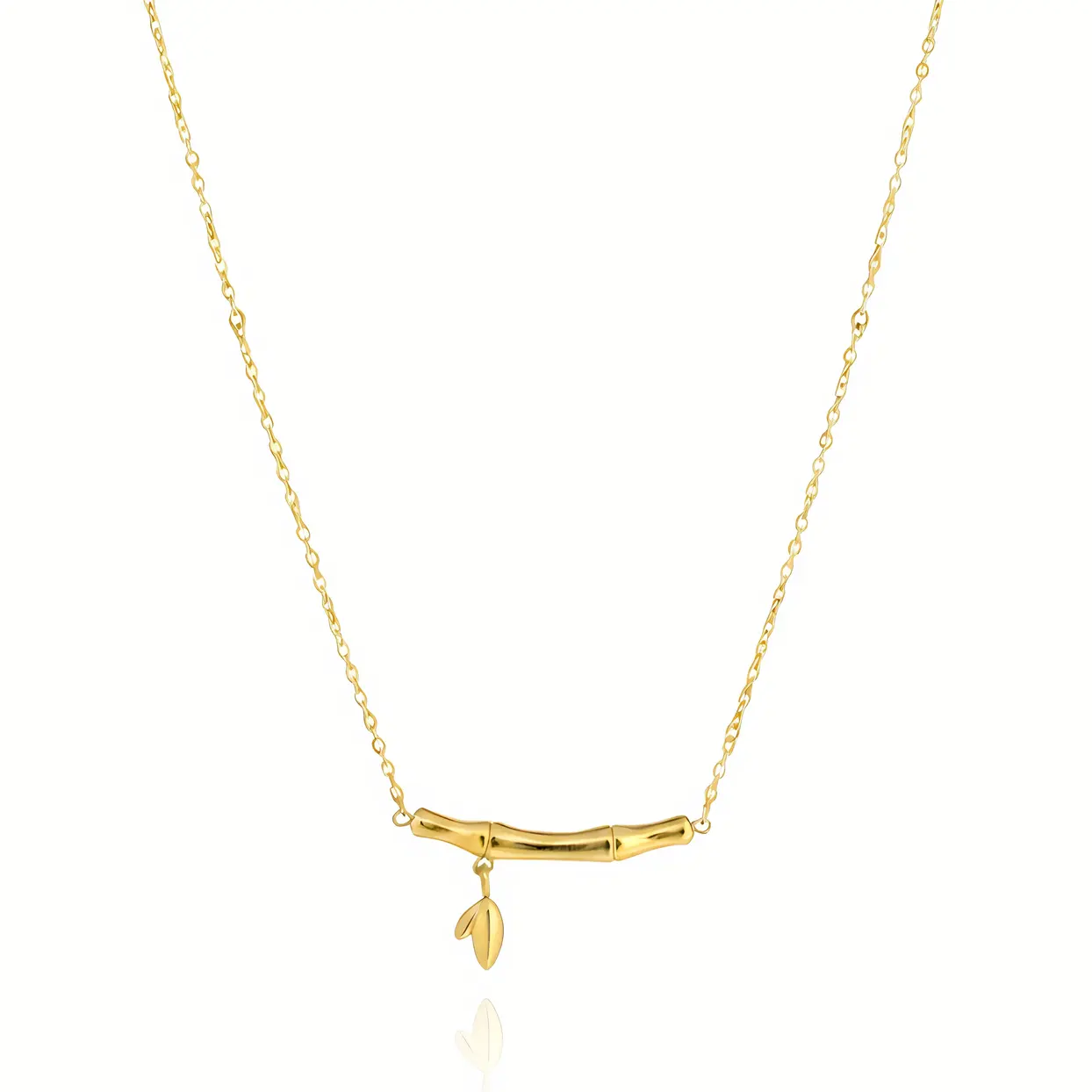 Gold Bamboo Bar Leaf Pendant Necklace