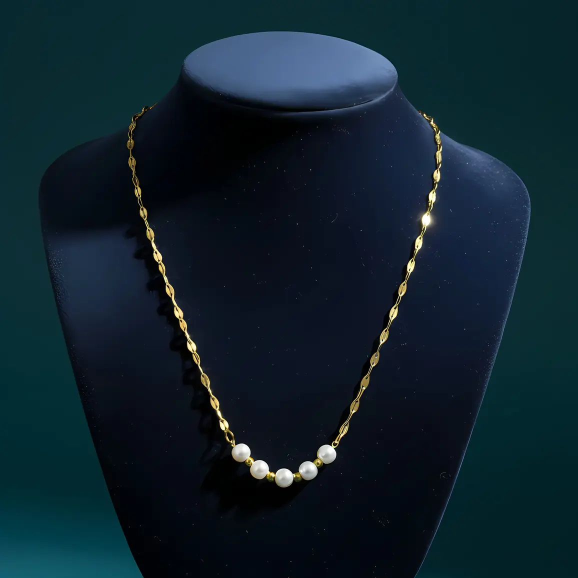 Flat Oval Link Chain Necklace with Pearl & Textured Bead Station Arc - Image 3