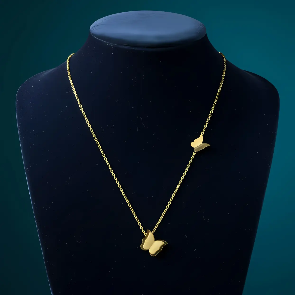 Gold Double Butterfly Glitter Pendant Necklace - Image 3