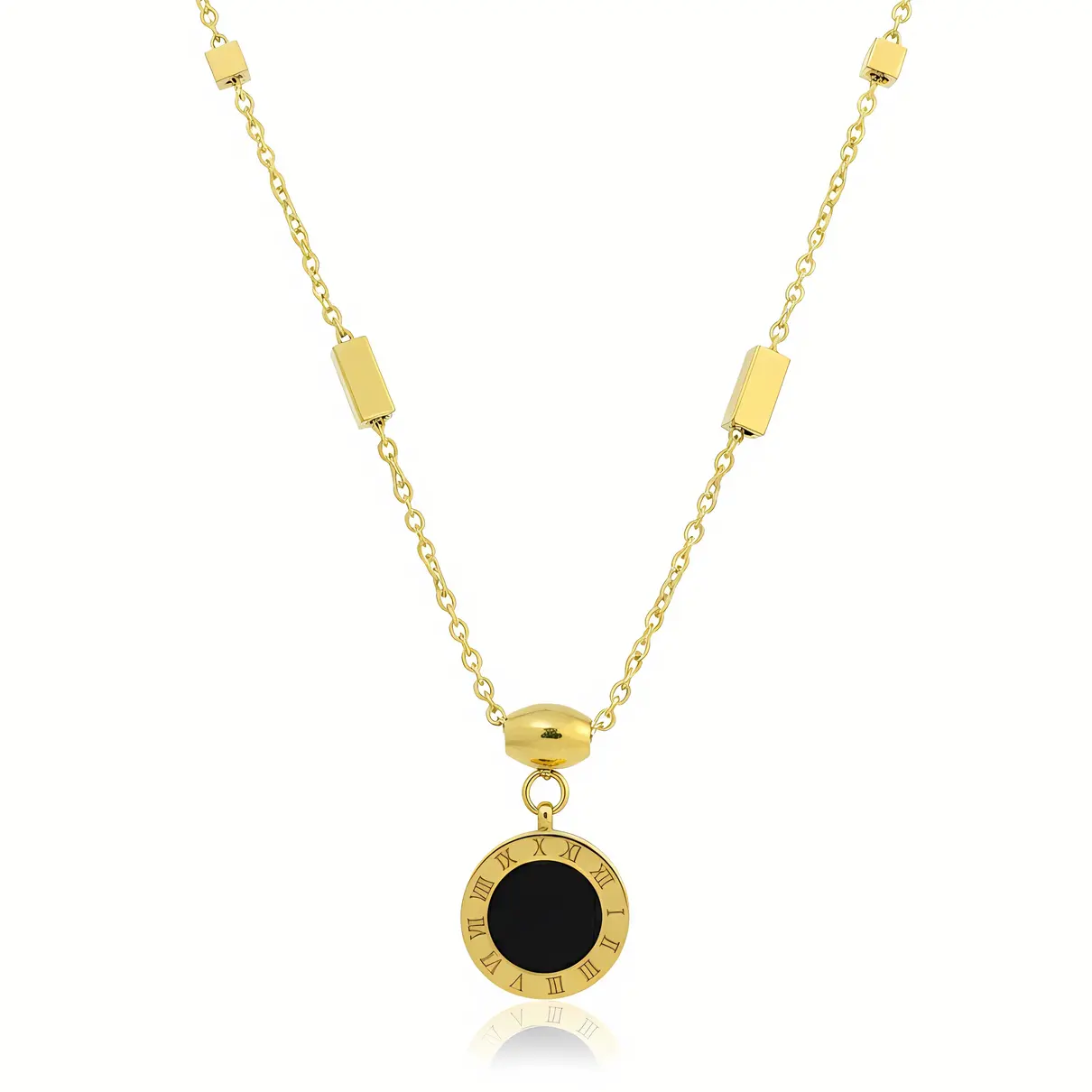 Gold Roman Numeral Black Onyx Disc Pendant Necklace