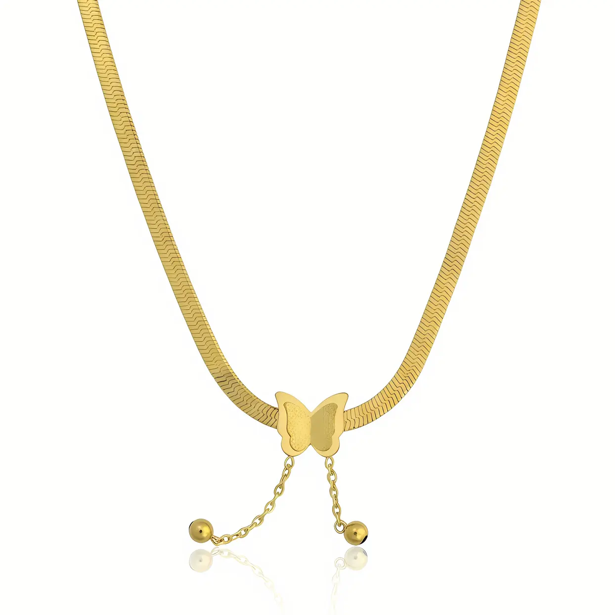 Gold Butterfly Herringbone Chain Necklace with Ball Drop