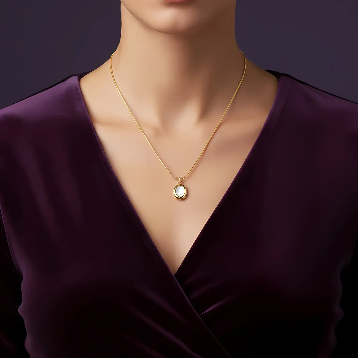 Alternative view of Snake Chain Necklace with Puffy Small Oval Shell Pearl Pendant