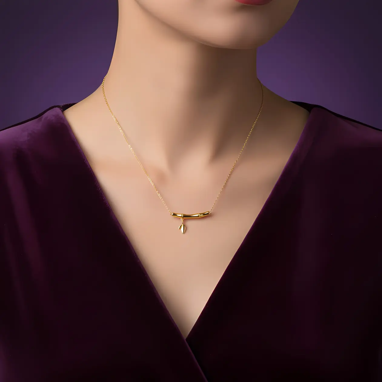 Alternative view of Gold Bamboo Bar Leaf Pendant Necklace