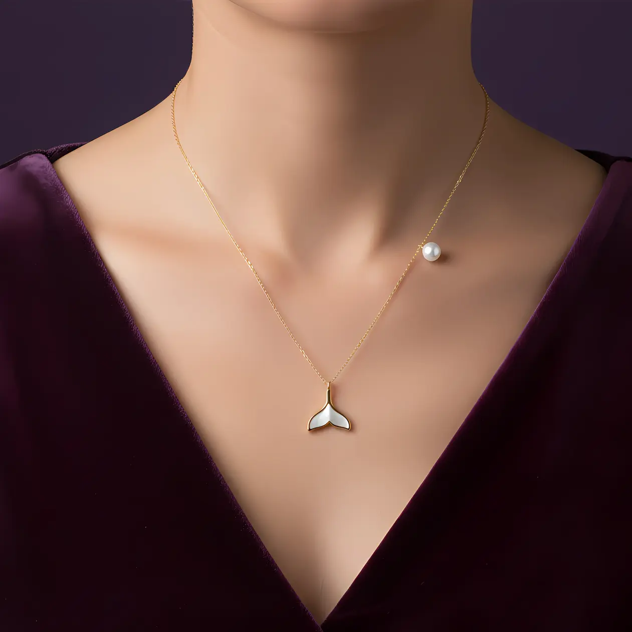 Alternative view of Gold Mermaid Tail Mother of Pearl Pendant Necklace