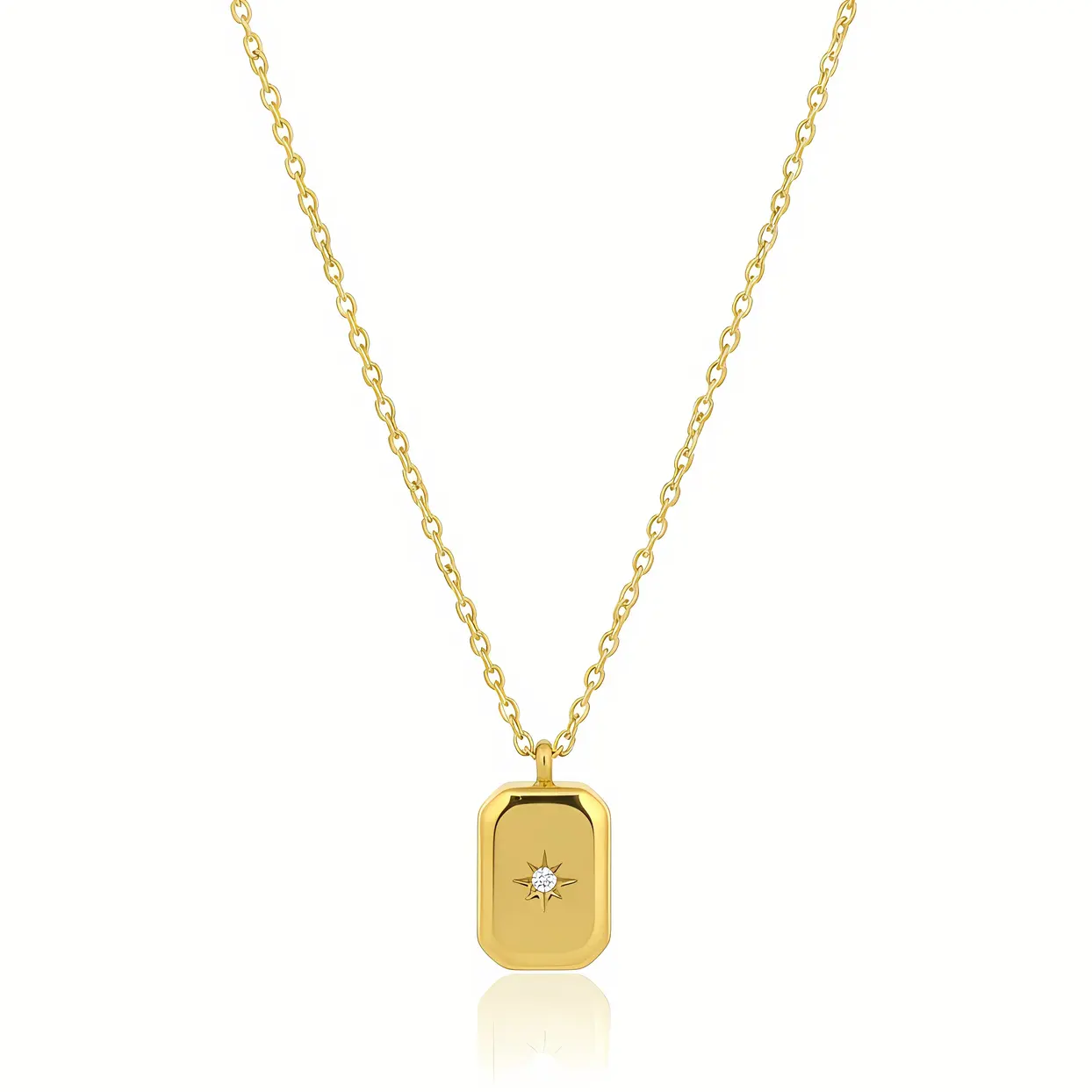 Gold Rectangle Tag Starburst Crystal Pendant Necklace