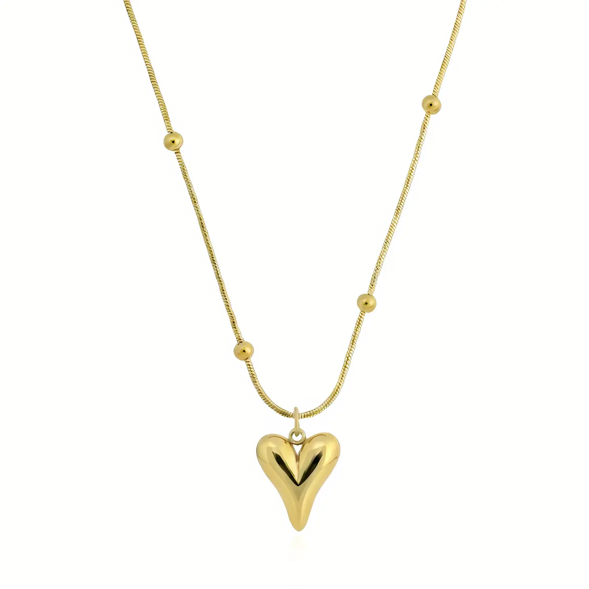 Gold Puffed Heart Satellite Snake Chain Necklace