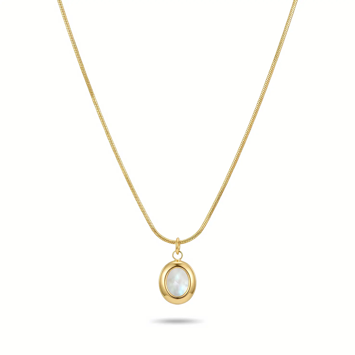 Snake Chain Necklace with Puffy Small Oval Shell Pearl Pendant