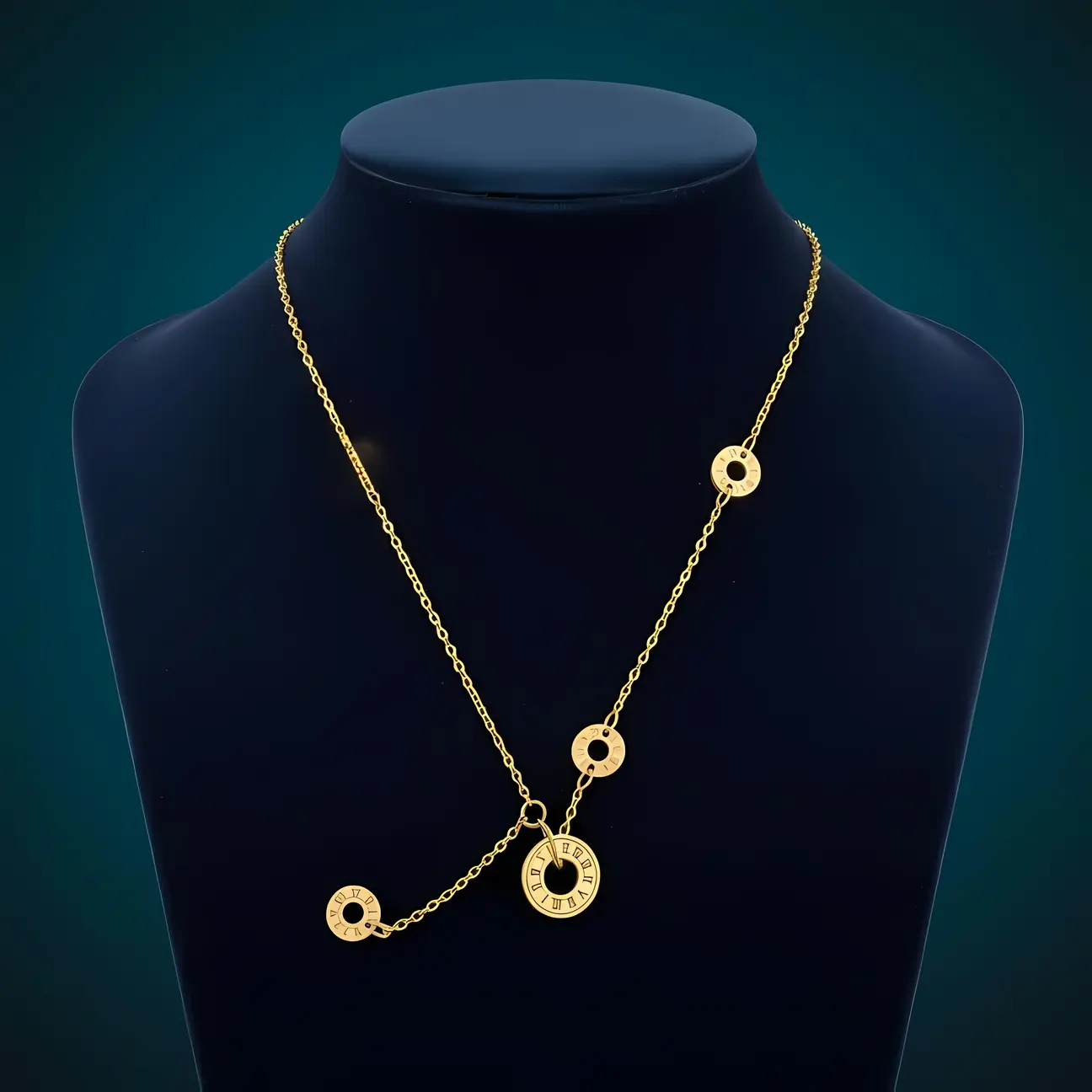 Gold Roman Numeral Multi-Disc Charm Necklace - Image 3