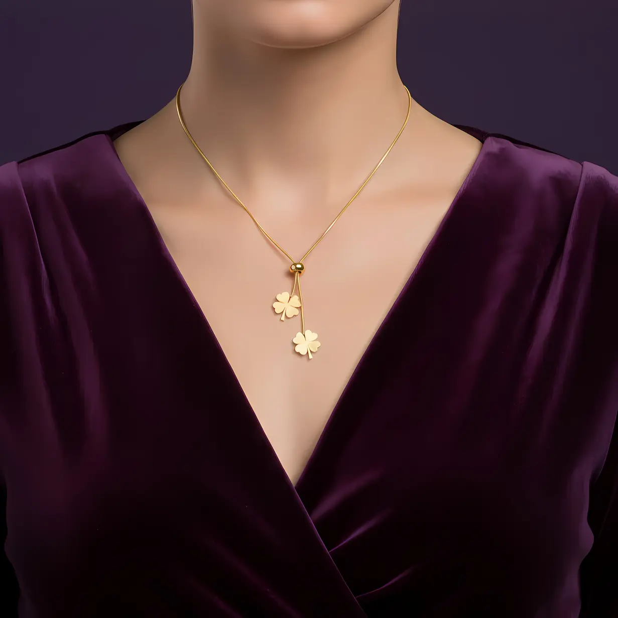 Alternative view of Gold Double Clover Adjustable Lariat Necklace