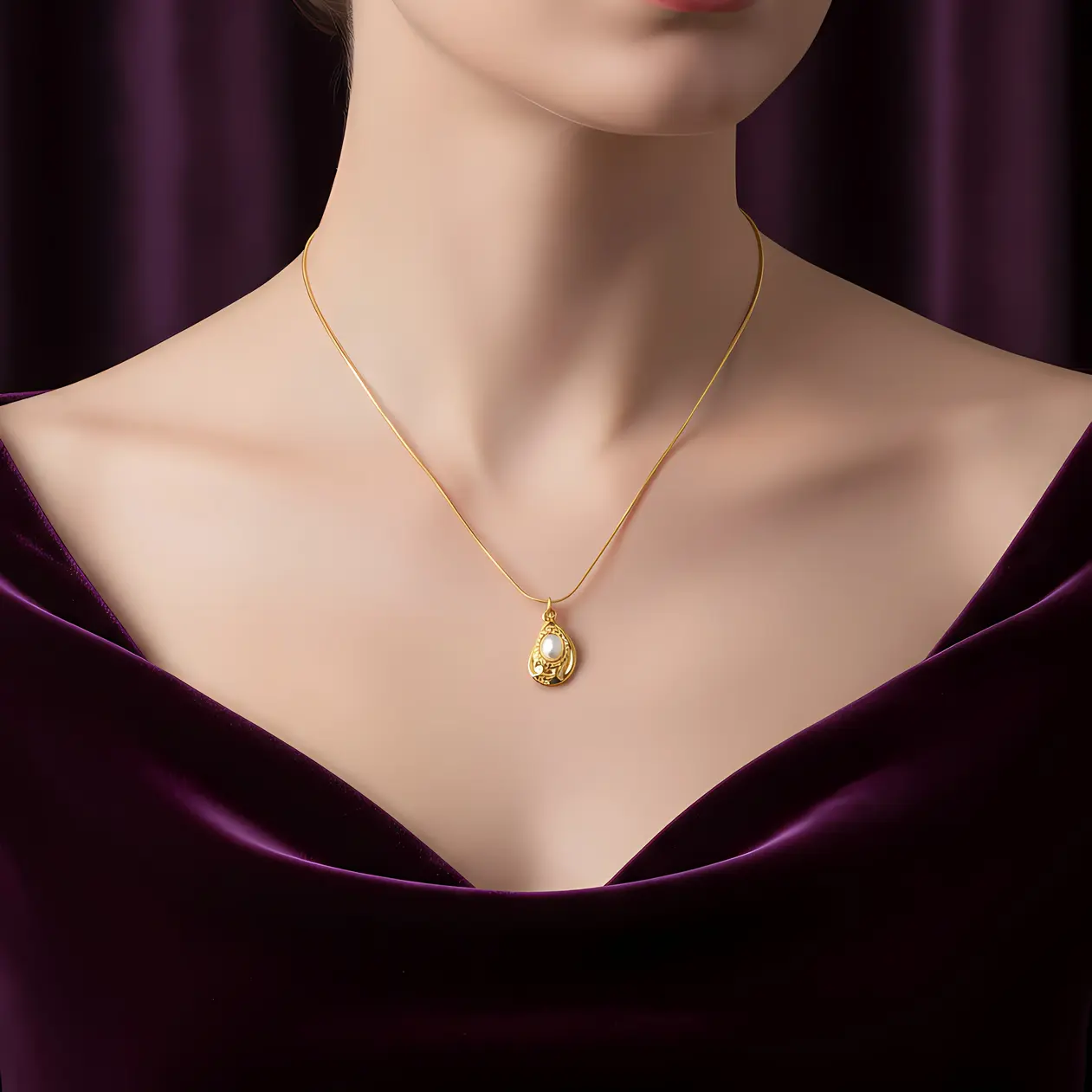 Alternative view of Snake Chain Necklace with Organic Teardrop Pearl Pendant