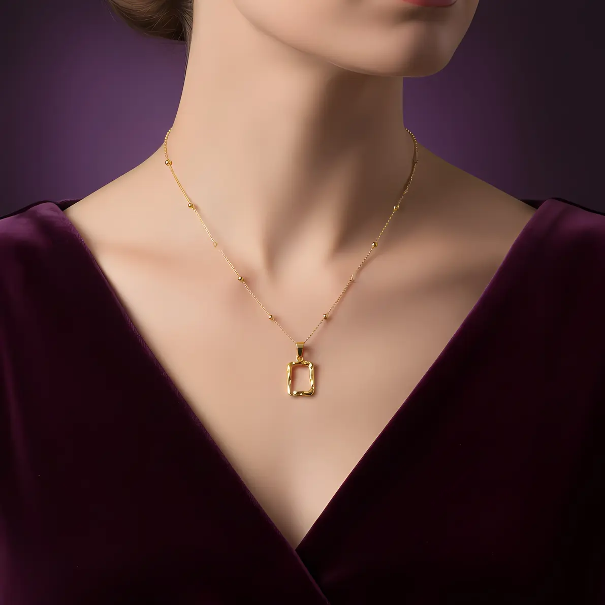 Alternative view of Gold Hammered Rectangle Pendant Satellite Necklace