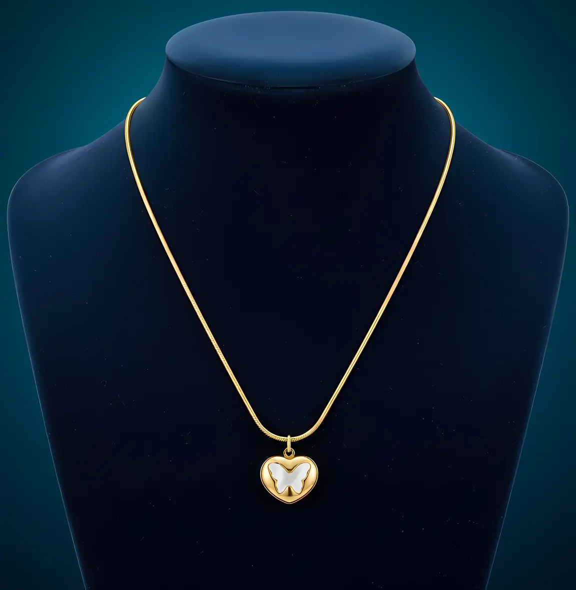 Snake Chain Necklace with Puffy Heart White Butterfly Pendant - Image 3