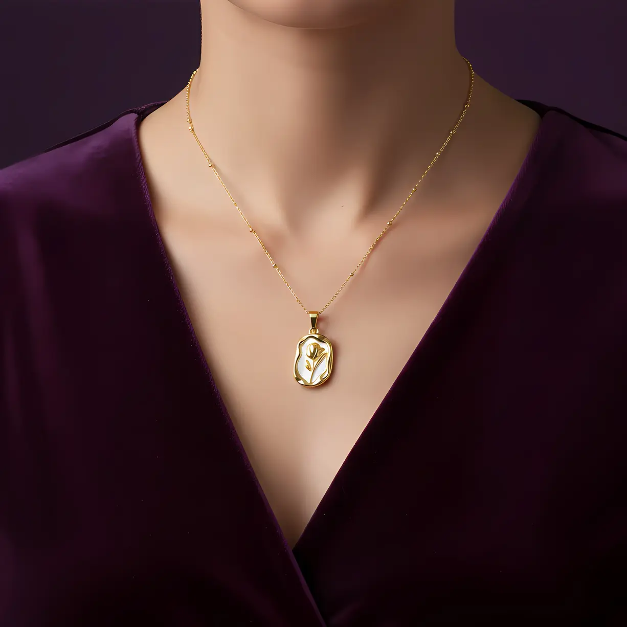 Alternative view of Gold Tulip Mother of Pearl Medallion Satellite Necklace