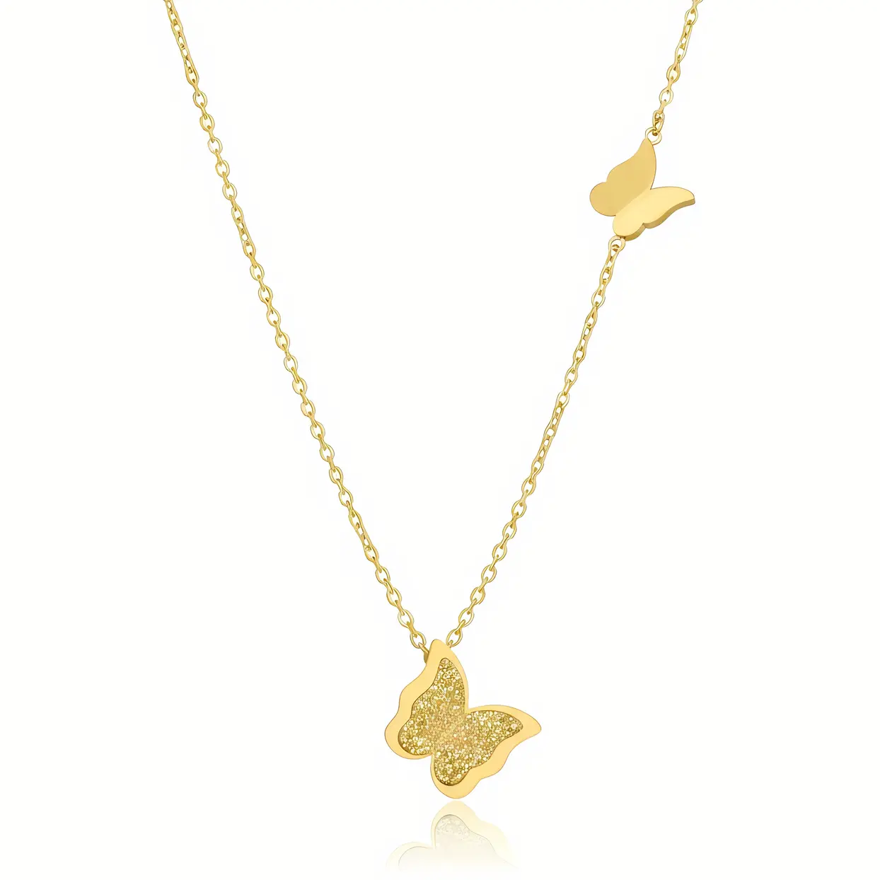 Gold Double Butterfly Glitter Pendant Necklace