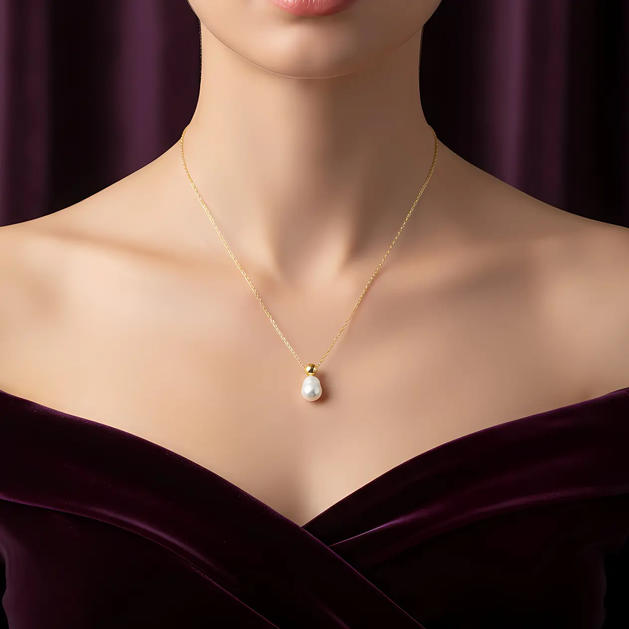 Alternative view of Cable Chain Necklace with Ball Bead & Baroque Pearl Drop Pendant