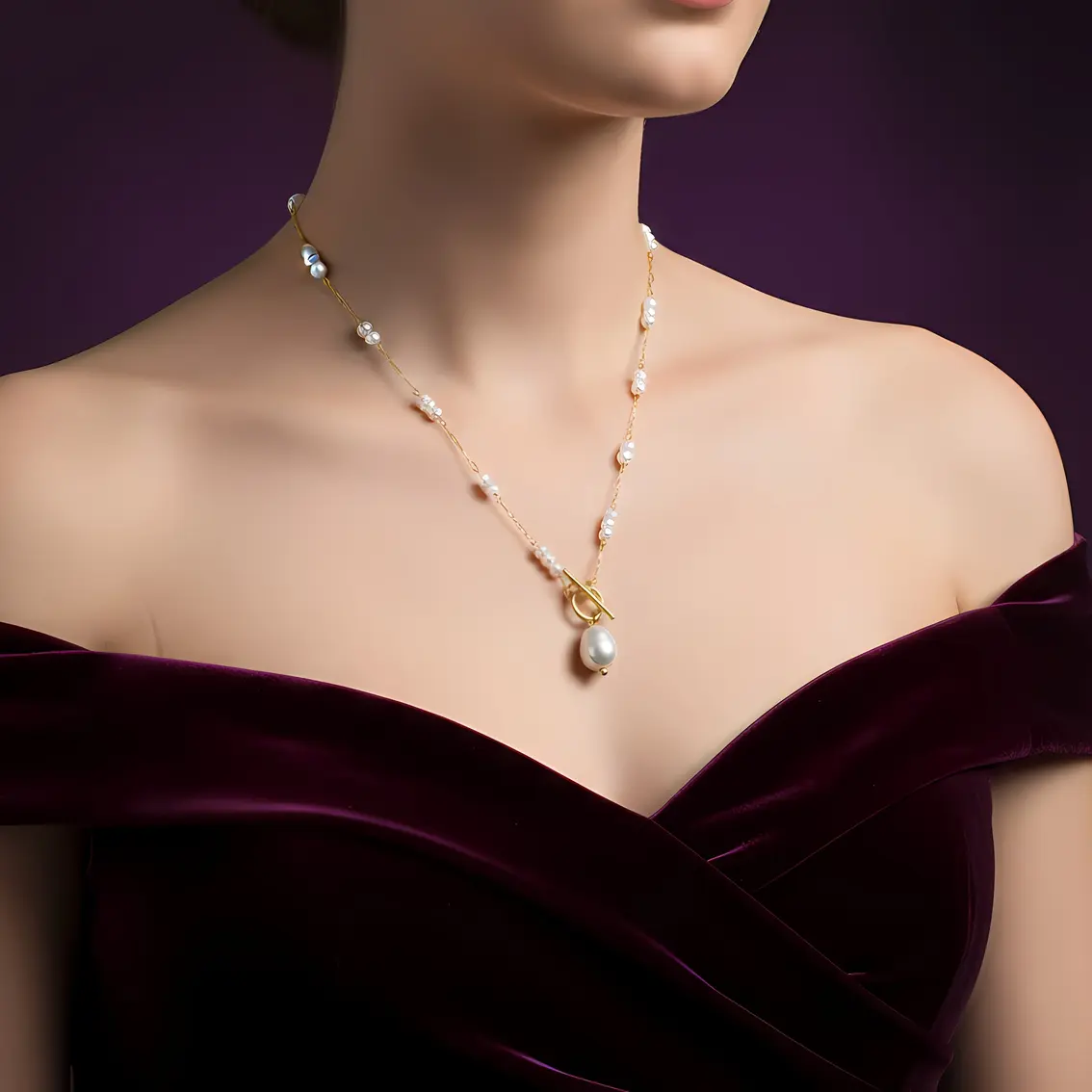 Alternative view of Half Pearl Half Paperclip Chain Necklace with Toggle Clasp & Baroque Pearl Drop