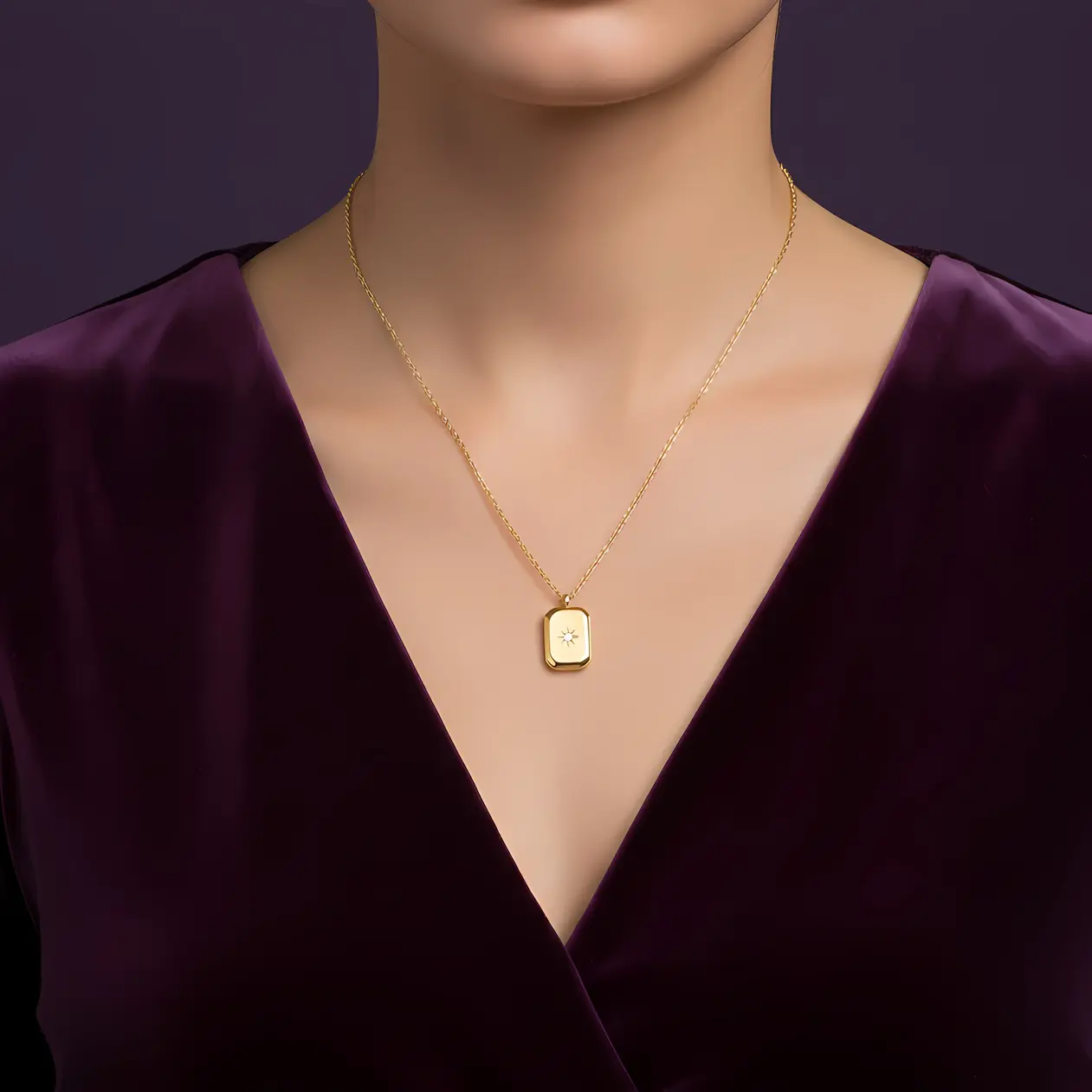 Alternative view of Gold Rectangle Tag Starburst Crystal Pendant Necklace