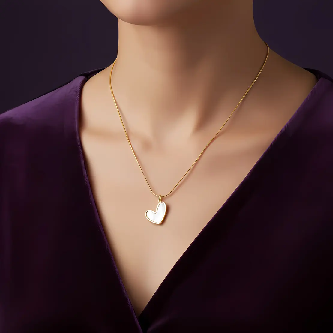 Alternative view of Snake Chain Necklace with Asymmetric Shell Pearl Heart Pendant