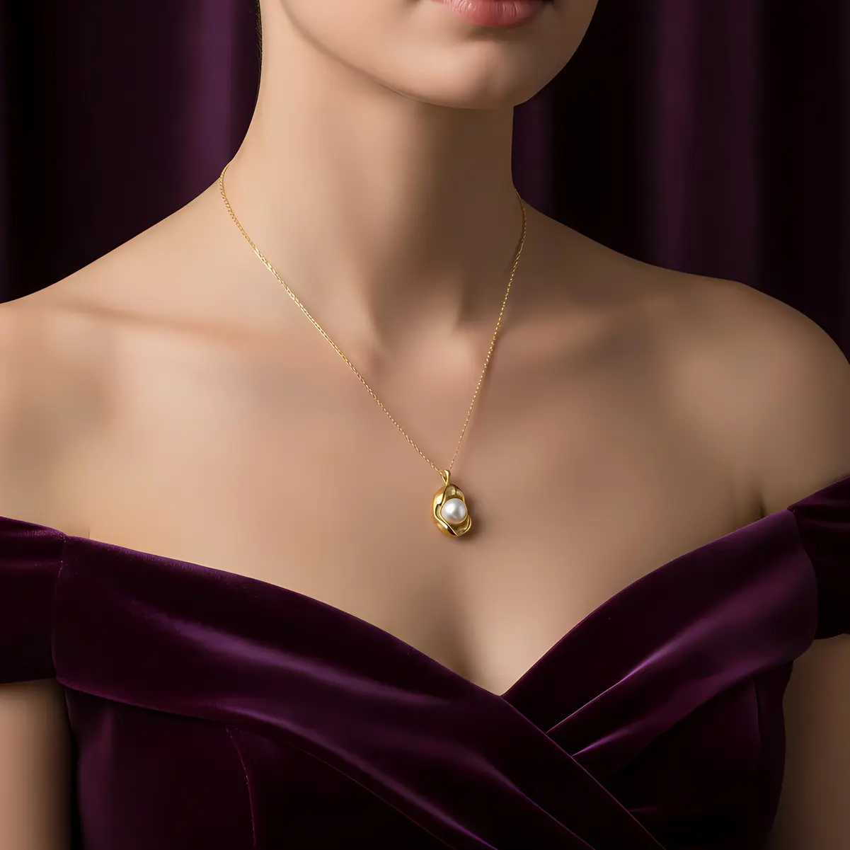 Cable Chain Necklace with Organic Molten Frame Pearl Pendant - Image 4