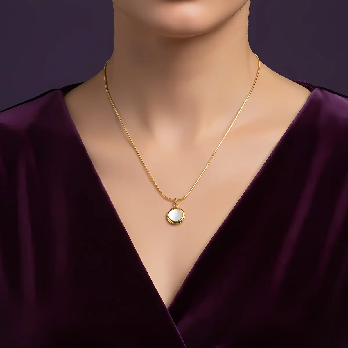 Alternative view of Snake Chain Necklace with Puffy Round Shell Pearl Pendant