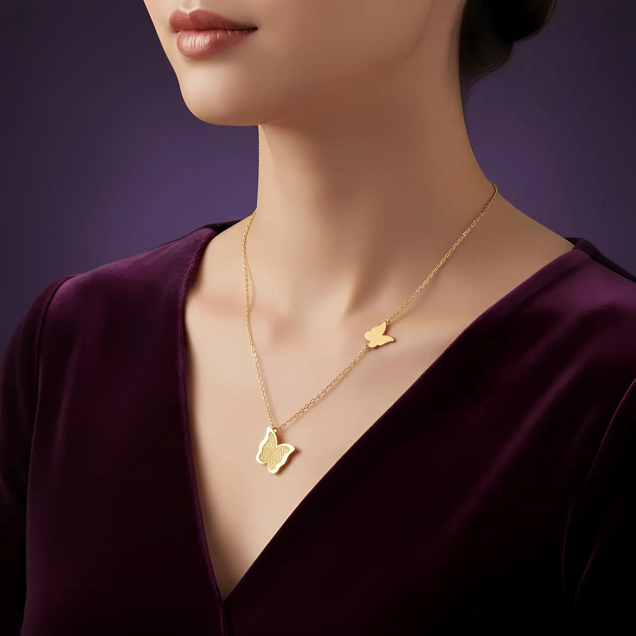 Alternative view of Gold Double Butterfly Glitter Pendant Necklace