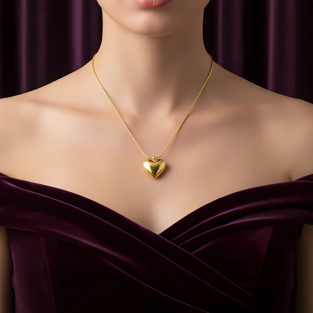 Alternative view of Snake Chain Necklace with Bold Puffy Heart Slider Pendant