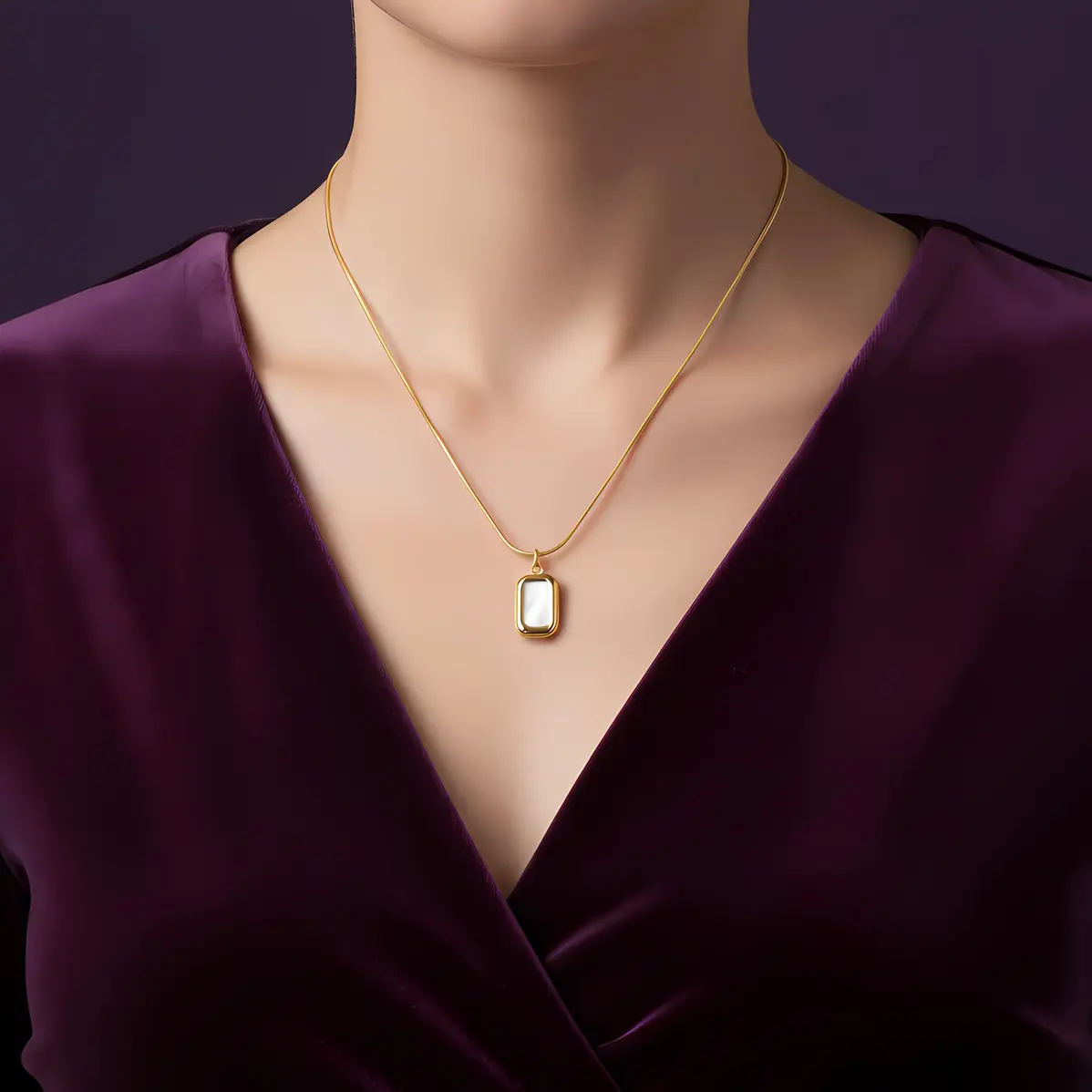 Alternative view of Snake Chain Necklace with Puffy Rectangle Shell Pearl Pendant