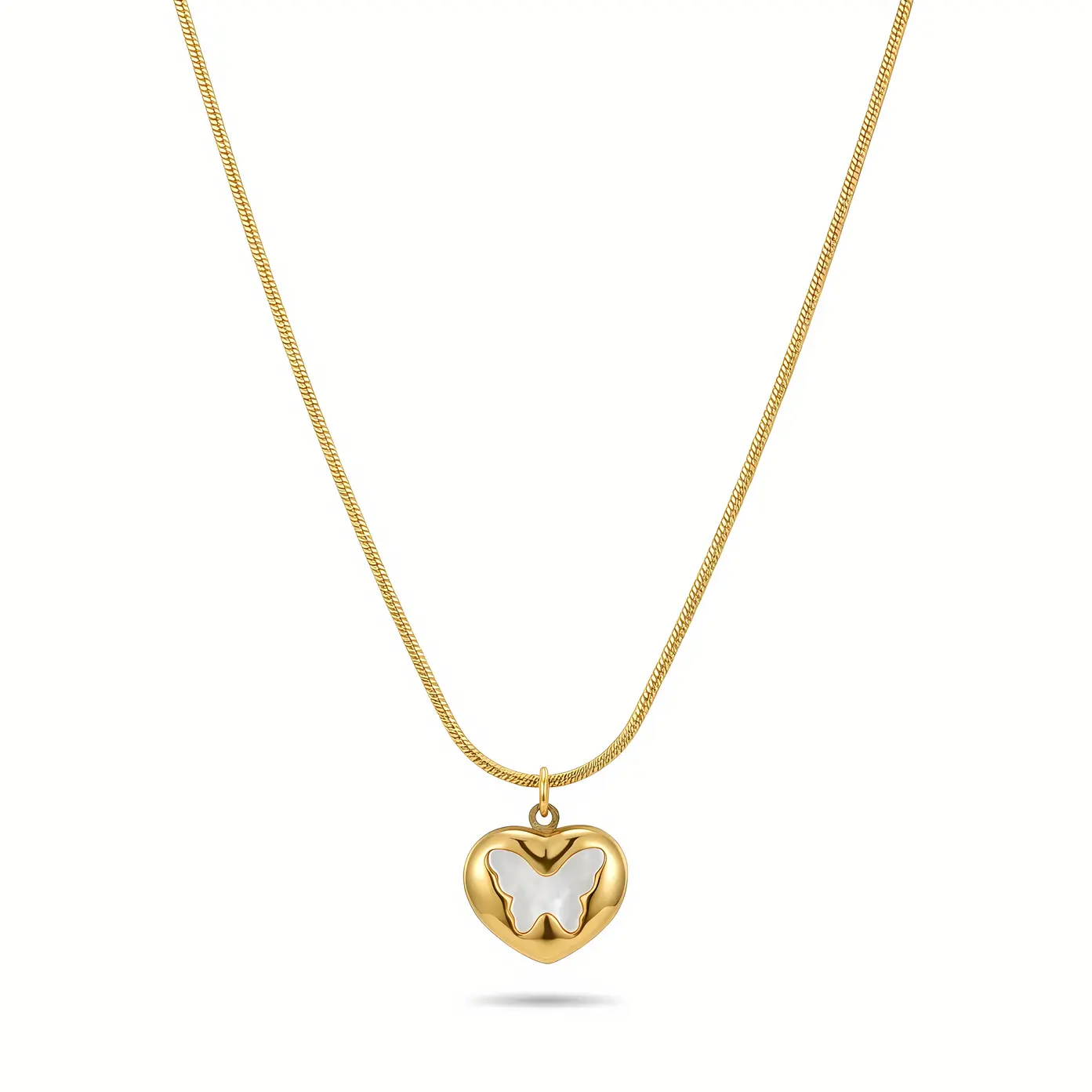 Snake Chain Necklace with Puffy Heart White Butterfly Pendant