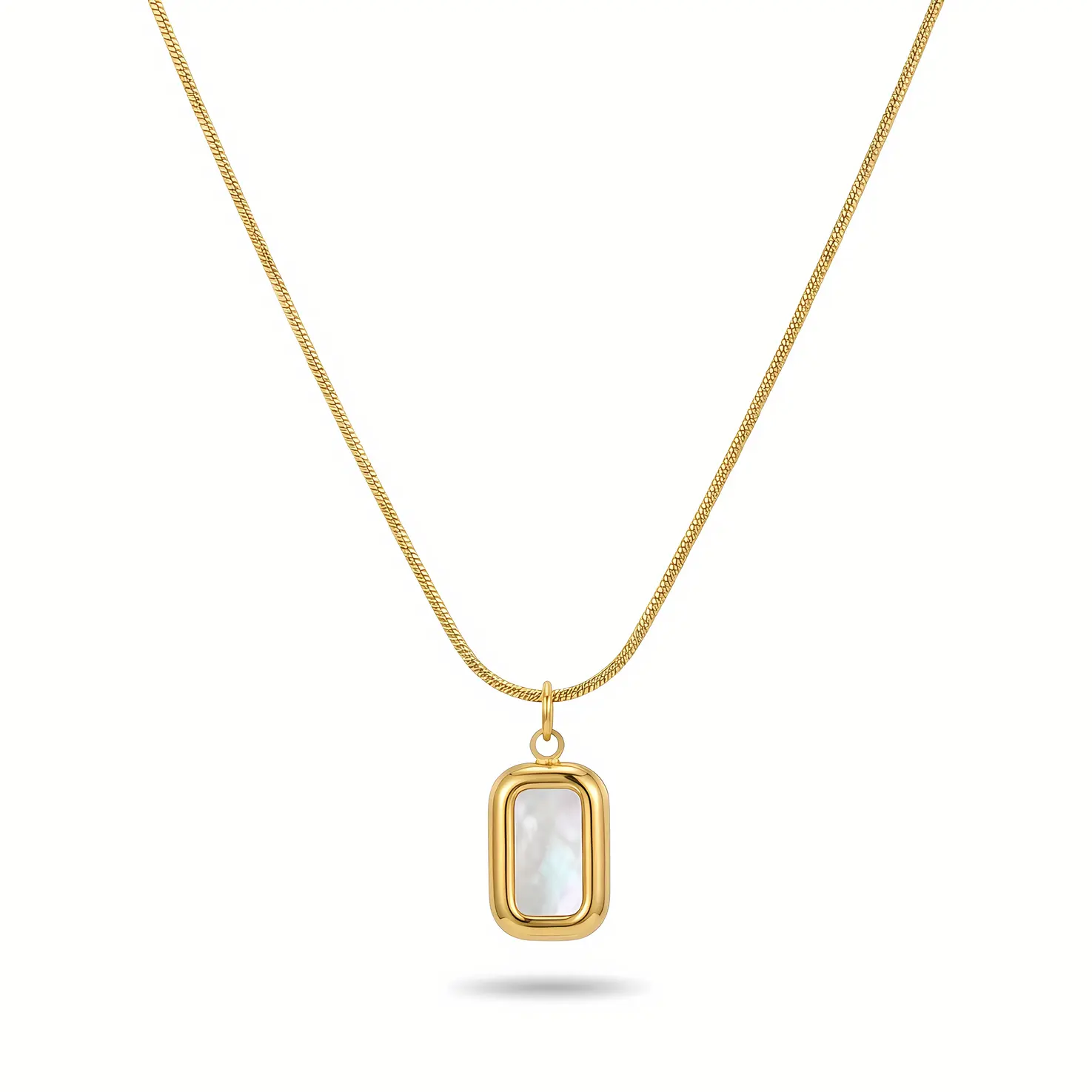 Snake Chain Necklace with Puffy Rectangle Shell Pearl Pendant