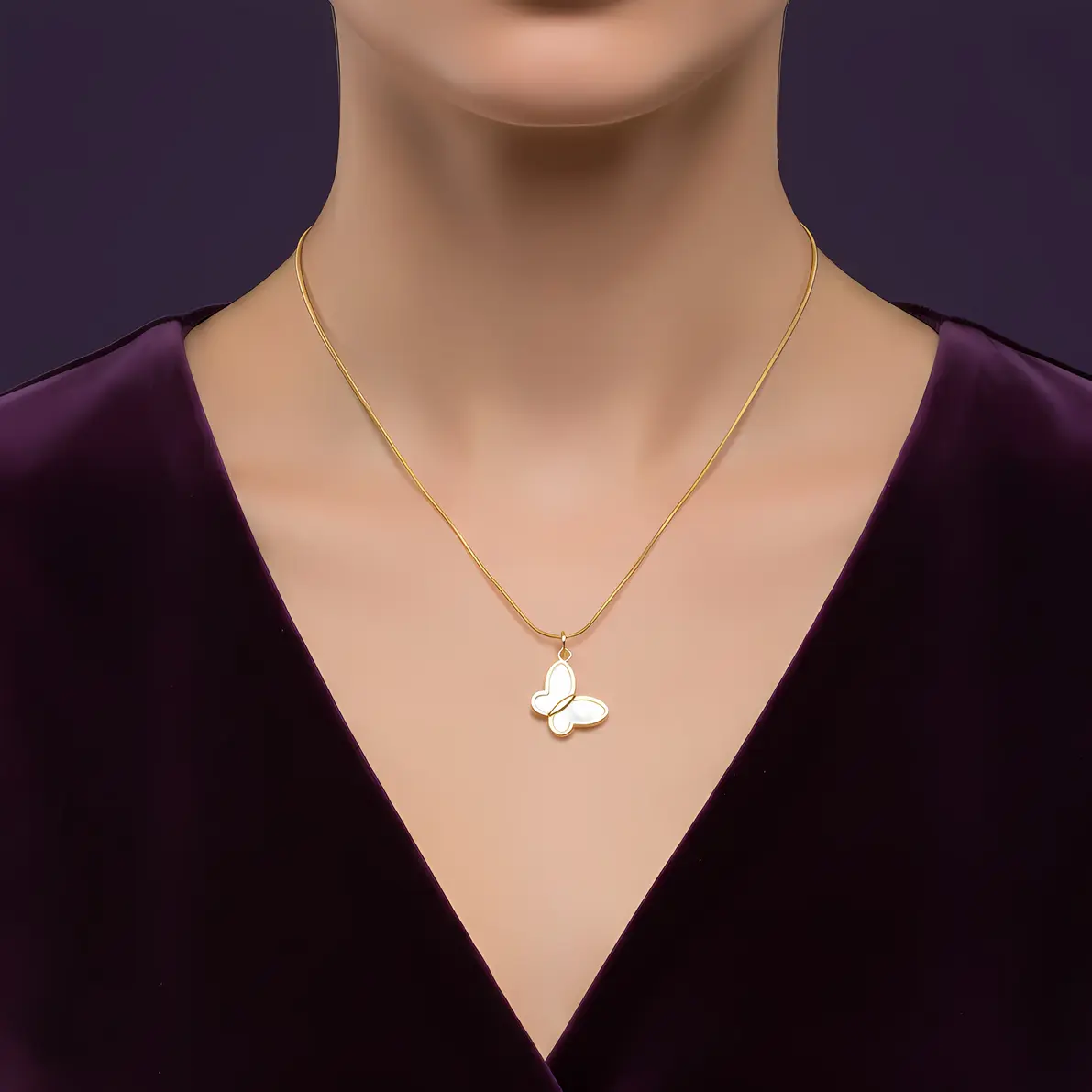 Alternative view of Snake Chain Necklace with Shell Pearl Butterfly Pendant