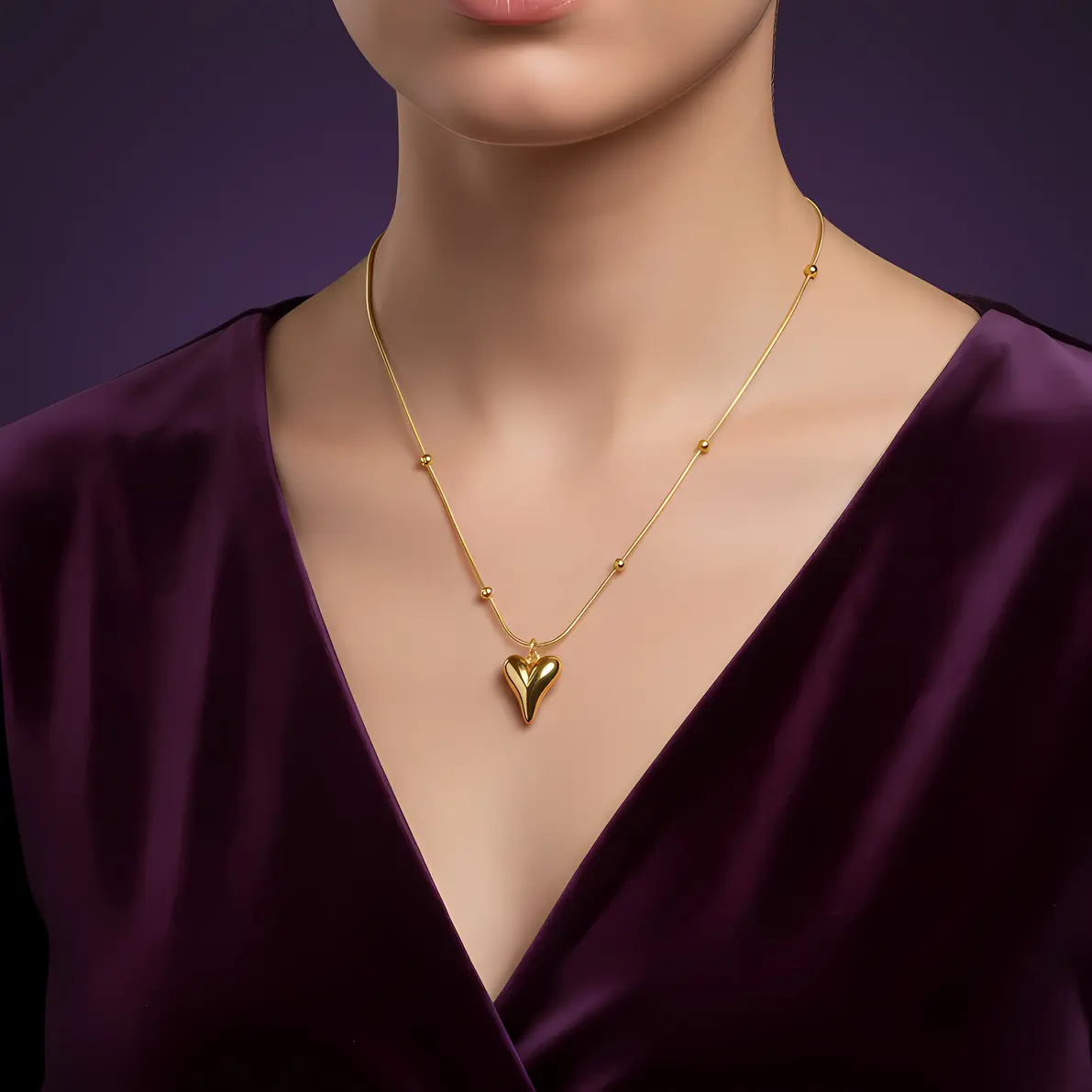 Alternative view of Gold Puffed Heart Satellite Snake Chain Necklace