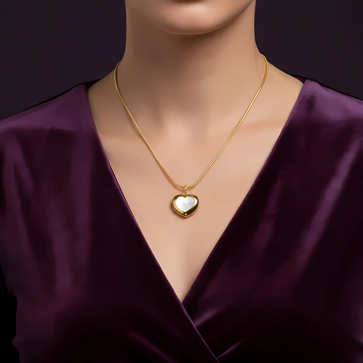 Alternative view of Snake Chain Necklace with Puffy Shell Pearl Heart Pendant