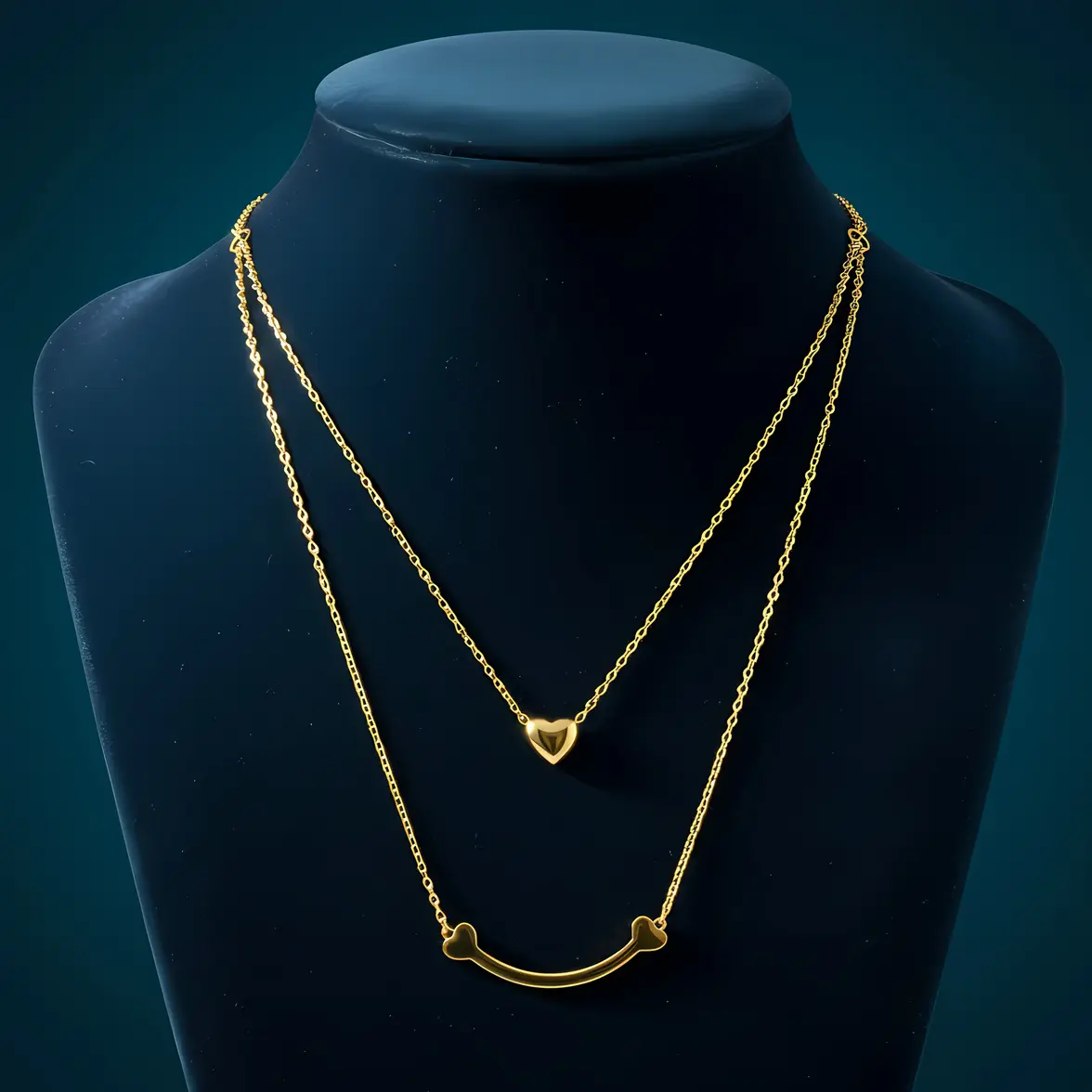 Gold Double Layer Heart & Smile Bar Necklace - Image 3