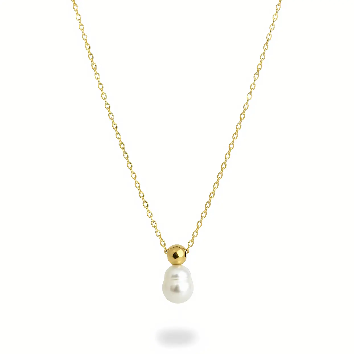 Cable Chain Necklace with Ball Bead & Baroque Pearl Drop Pendant