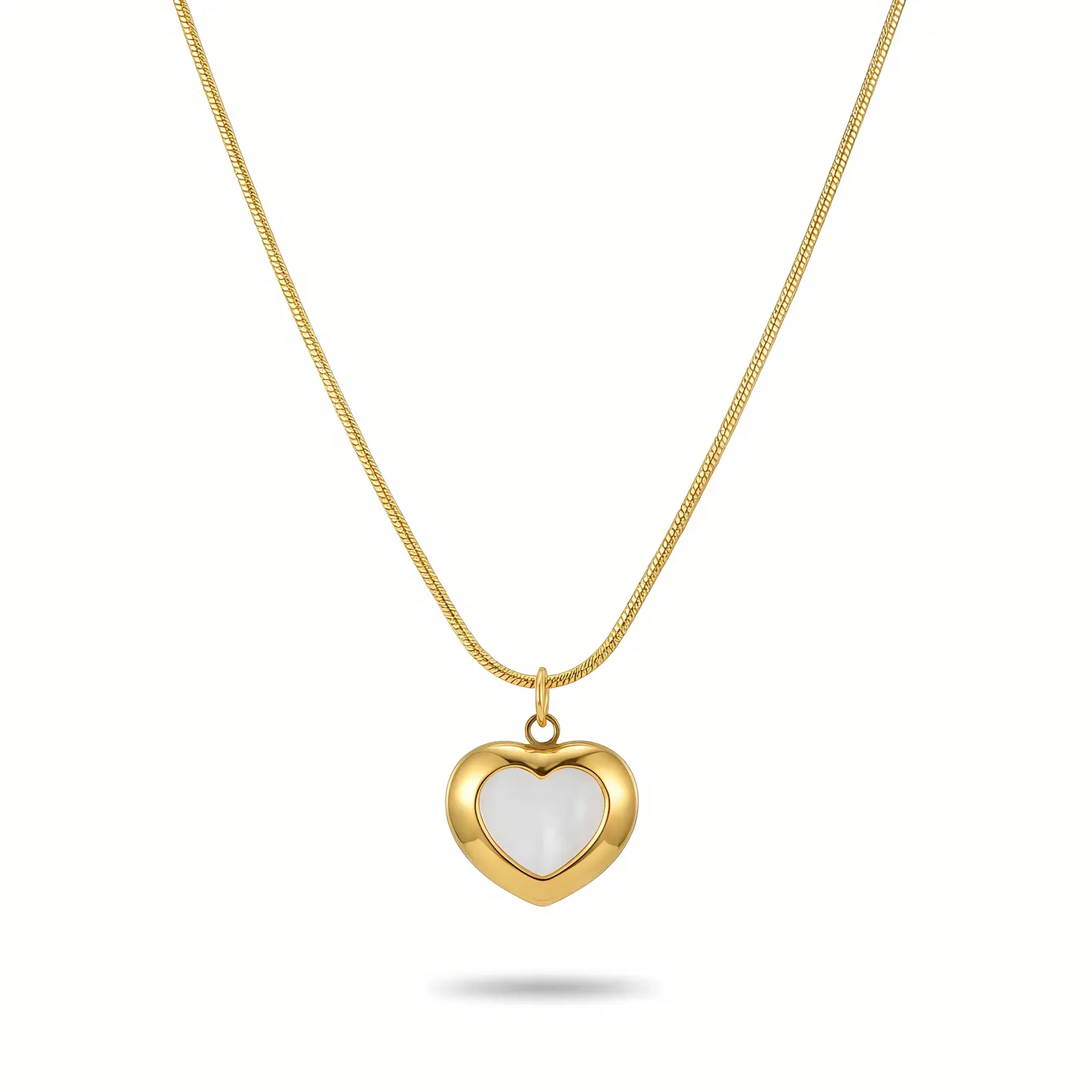 Snake Chain Necklace with Puffy Shell Pearl Heart Pendant