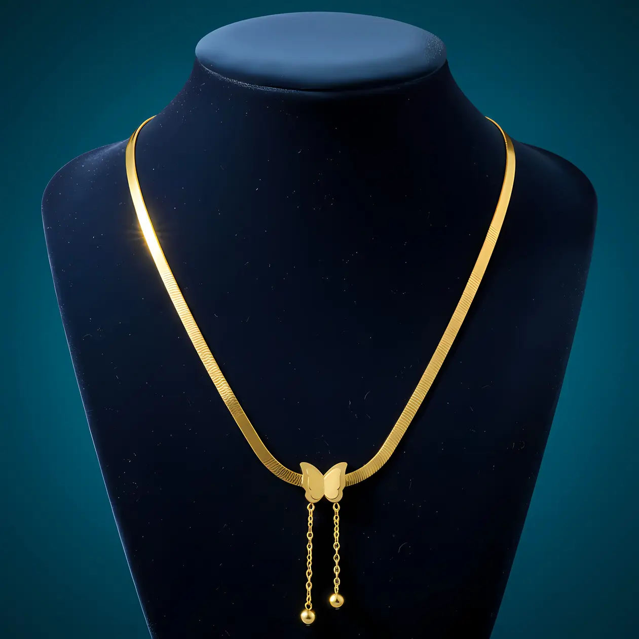 Gold Butterfly Herringbone Chain Necklace with Ball Drop - Image 3