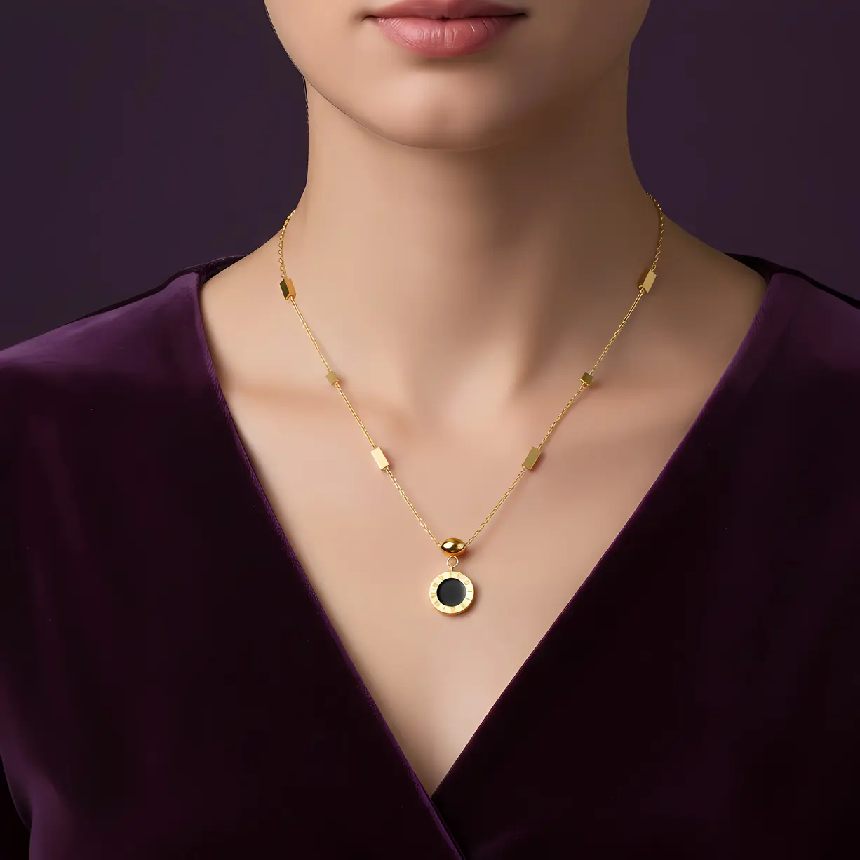 Alternative view of Gold Roman Numeral Black Onyx Disc Pendant Necklace