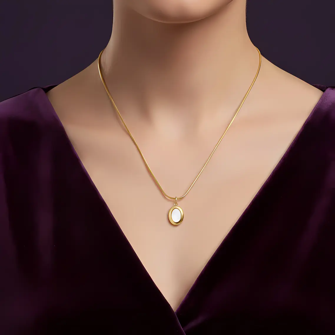 Alternative view of Snake Chain Necklace with Puffy Oval Shell Pearl Pendant