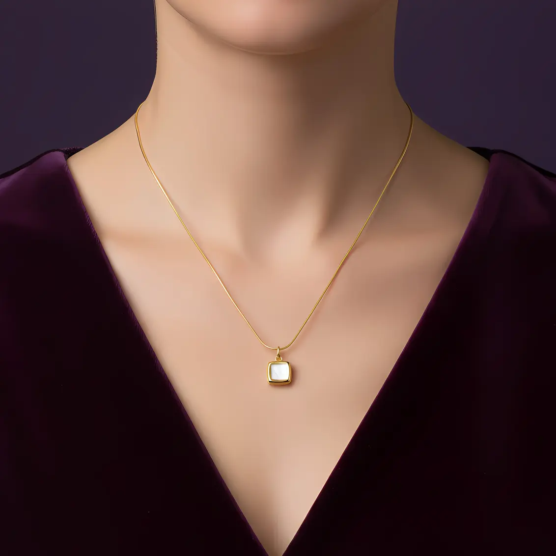 Alternative view of Snake Chain Necklace with Cushion Shell Pearl Square Pendant