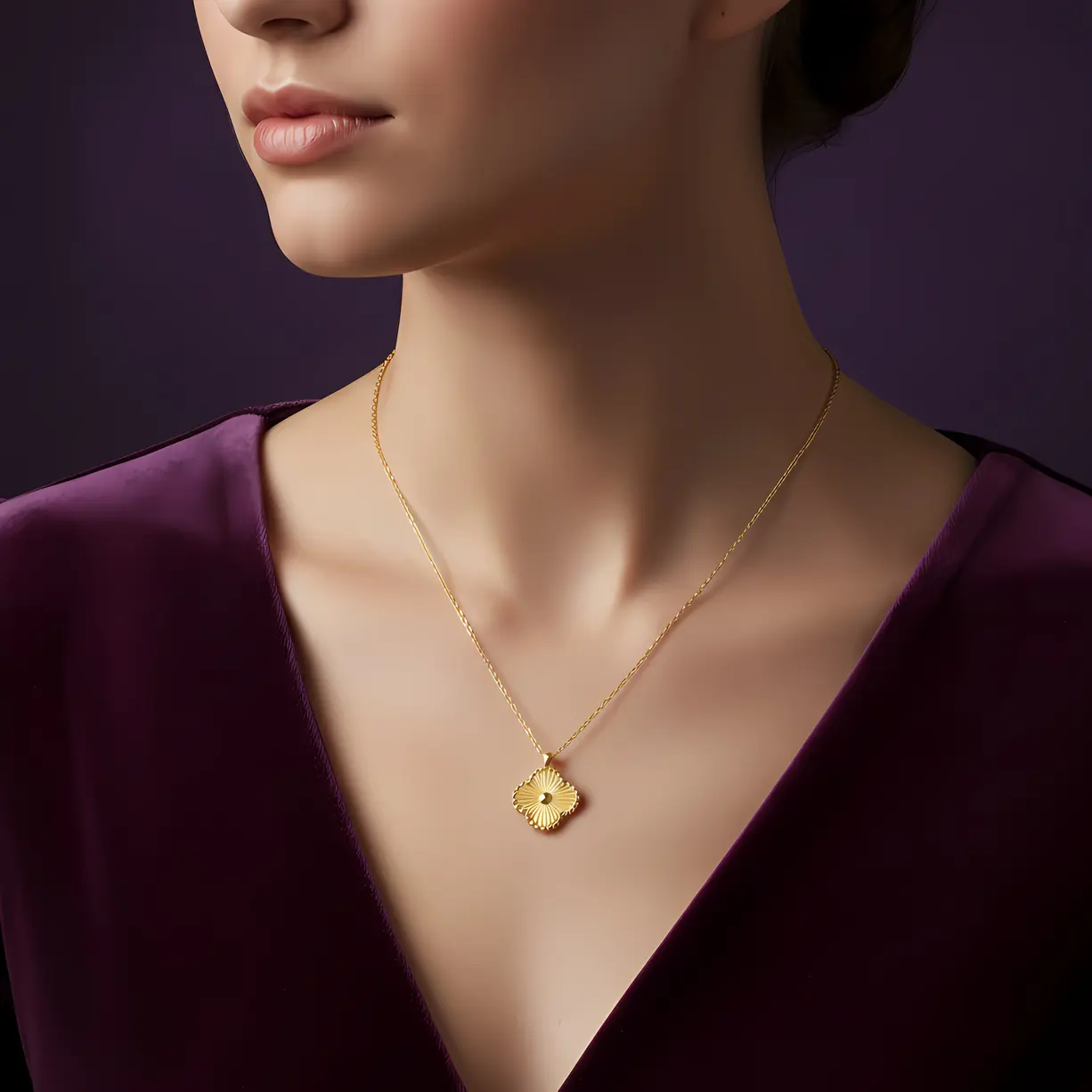 Alternative view of Gold Sunburst Clover Pendant Necklace