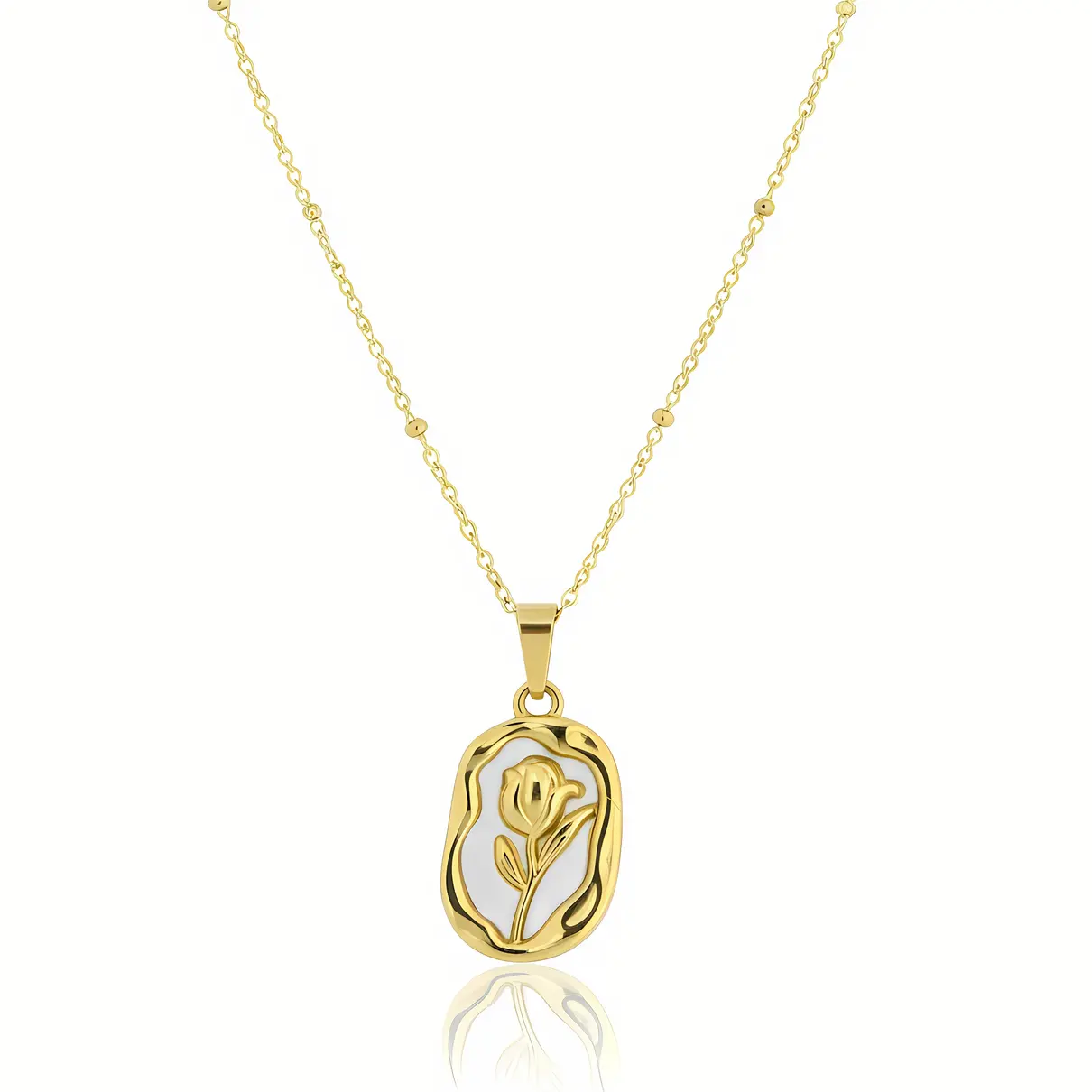 Gold Tulip Mother of Pearl Medallion Satellite Necklace