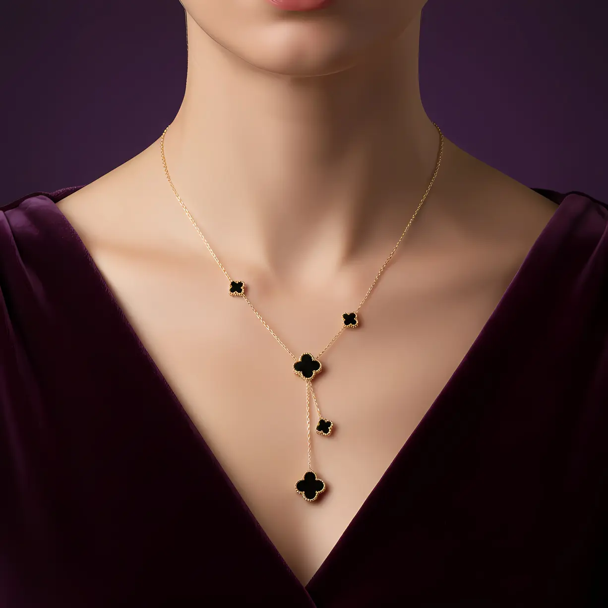 Alternative view of Gold Black Onyx Clover Lariat Y-Necklace