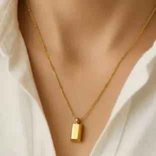 Alternative view of Satellite Bead Chain Necklace with Polished Rectangle Tag Pendant